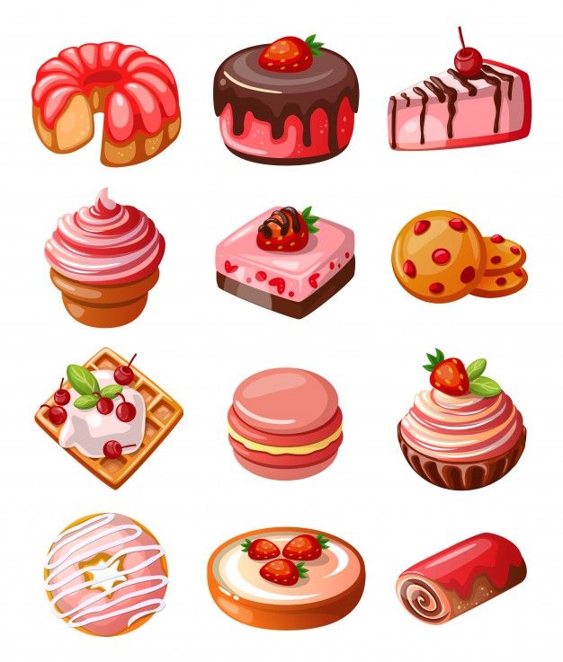 a bunch of different types of cakes and pastries on a white background, including strawberries