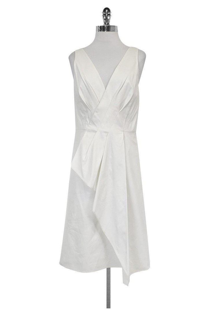 Current Boutique-Rachel Roy - White Draped Dress Sz 8 Elegant White Cotton Dress, Elegant White Dress With Asymmetrical Hem, White Pleated Bodice Dress For Work, Elegant Cotton Midi Dress With Asymmetrical Hem, White Evening Dress With Folds, White Party Dresses With Folds, Fitted White Dresses With Folds, White Cotton Midi Dress For Formal Occasions, White Asymmetrical Hem Formal Dress