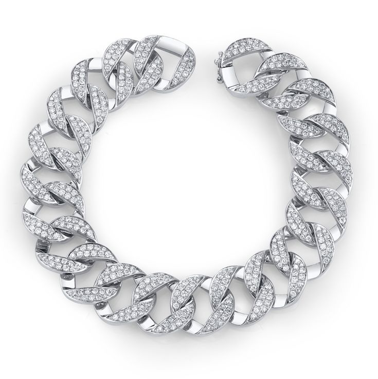 18k gold all-pave medium diamond chain link bracelet.  3.77cts diamonds Diamond Chain Link Bracelet In White Gold, Diamond Link Bracelet With Jubilee Design, White Gold Diamond Cuban Link Chain Bracelet, Cuban Link Diamond Chain Bracelet In White Gold, White Gold Diamond Jubilee Bracelet, Fine Jewelry Diamond Tennis Bracelet, Fine Jewelry Diamond Tennis Bracelet With Solid Link, Diamond Tennis Bracelet In Fine Jewelry Style, Luxury Cuban Link Bracelet With Diamond Accents