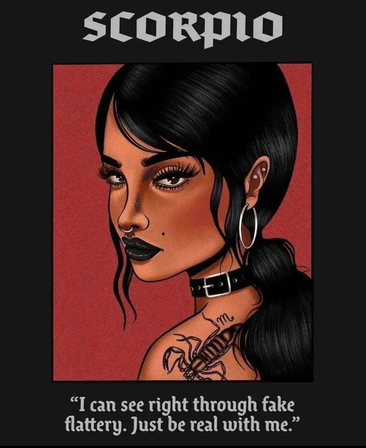 a woman with black hair and piercings on her chest, has an ad for scorpion