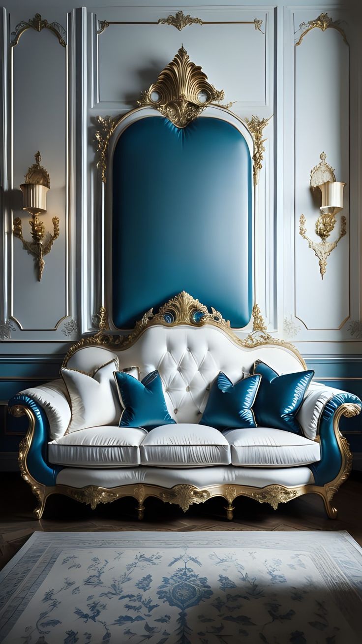 an ornate couch with blue and white pillows in front of a large mirror on the wall