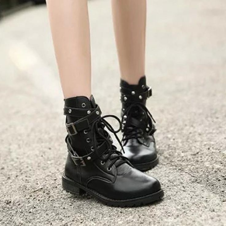 Material: PU, Rubber • Boot Height: Ankle • Type: Lace-Up, Motorcycle Boots, Flat With, Solid, Boots • Toe Shape: Round Toe • Heel Height: Low (1cm-3cm) • Material: Rubber, PU, PU • With Platforms: No • Is_handmade: No • Department Name: Adult Spring Concert Lace-up Boots, Grunge Lace-up Boots With Round Toe For Fall, Winter Martin Boots With Round Toe For Concerts, Trendy Round Toe Boots For Concerts, Fall Martin Boots For Concerts, Grunge High-top Martin Boots For Winter, Winter Combat Boots For Concerts With Round Toe, Winter Grunge Ankle-high Martin Boots, Grunge Martin Boots With Round Toe For Fall