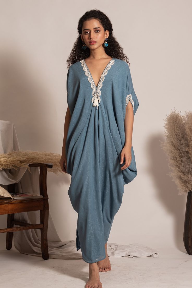 Buy Blue Lining Taffeta Embroidery Pearl V Neck Zola Kaftan For Women by Vanshika Agarwal Online at Aza Fashions. Business Portraits Woman, Kaftan Pattern, Kaftan Women, Kaftan For Women, Embroidered Kaftan, Pattern Embroidery, Princess Outfits, Embroidered Neckline, Blue Pearl