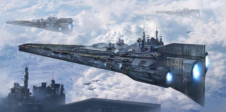 an artist's rendering of a space ship in the sky with other ships around it