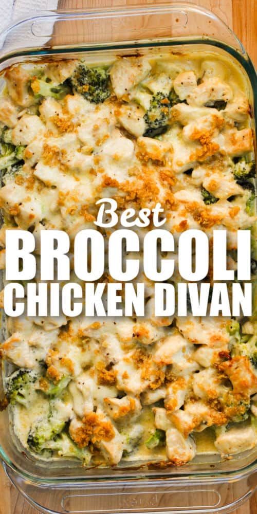 broccoli and chicken casserole in a glass dish with the title above it