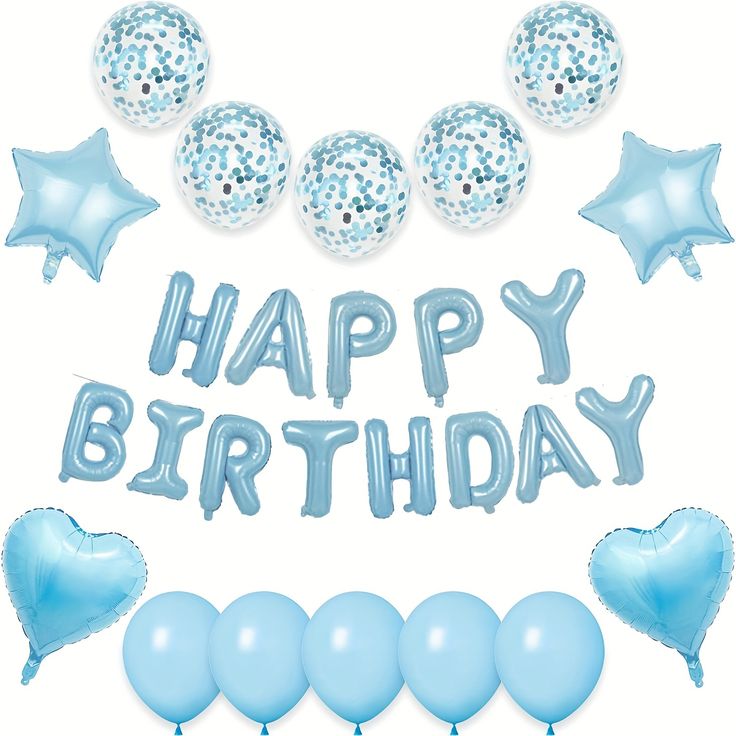 a happy birthday balloon set with blue balloons and confetti, stars and sparkles