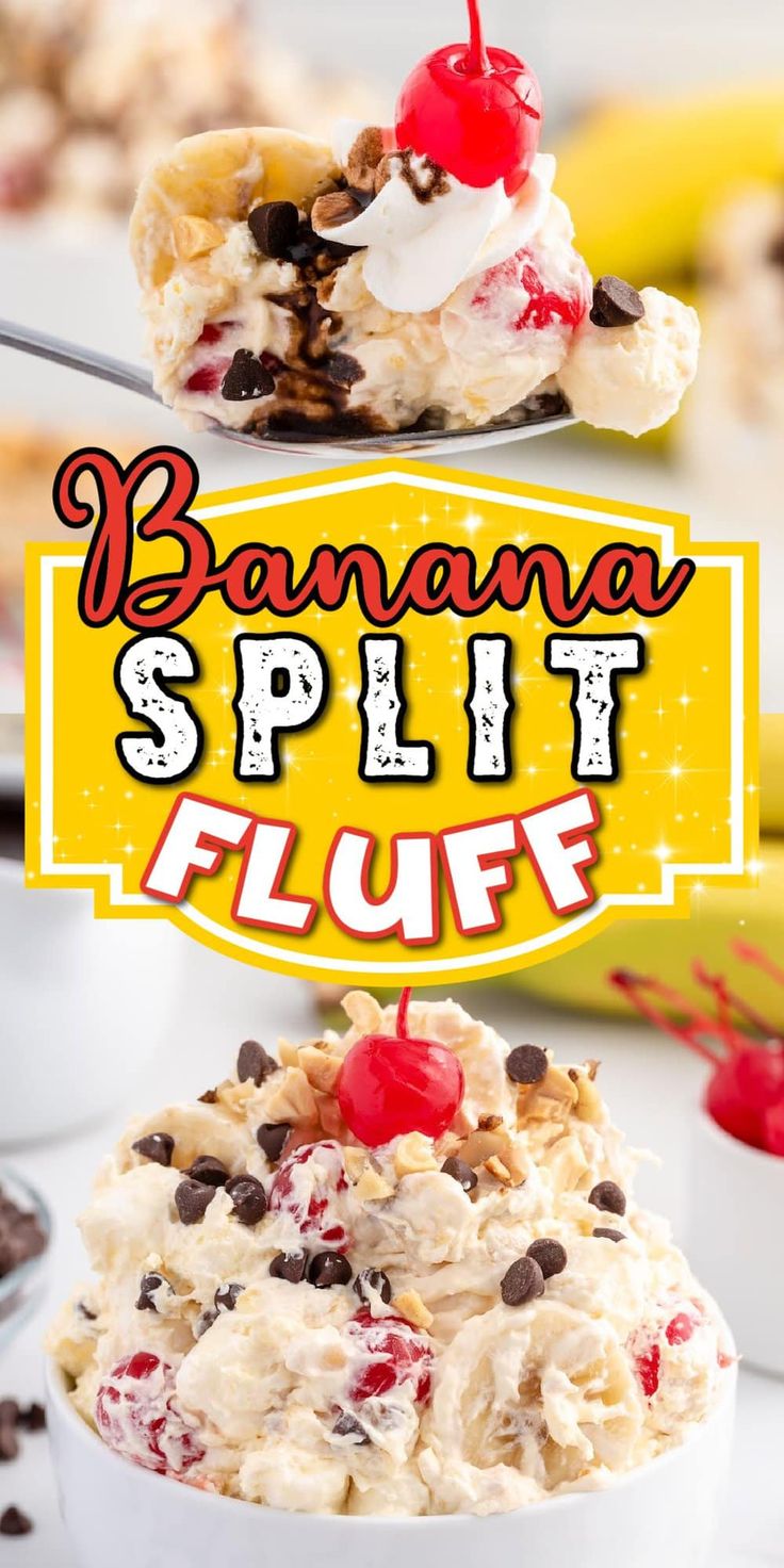 banana split fluff dessert in a bowl with the title above it