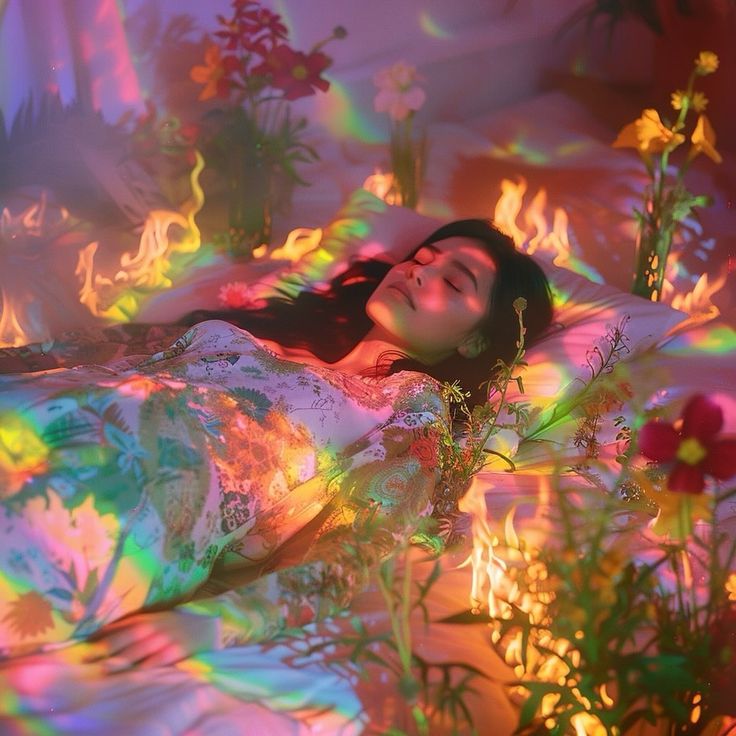 a woman laying on top of a bed surrounded by flowers and plants in the air