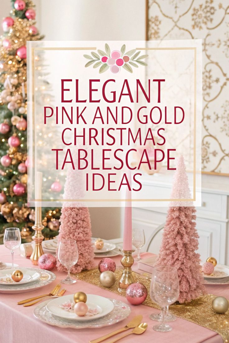 a pink and gold christmas table setting with the words elegant pink and gold christmas tablescape ideas