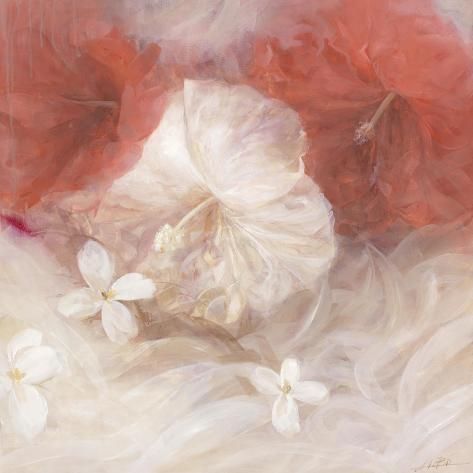 an abstract painting of white flowers on a red and white background with soft light colors