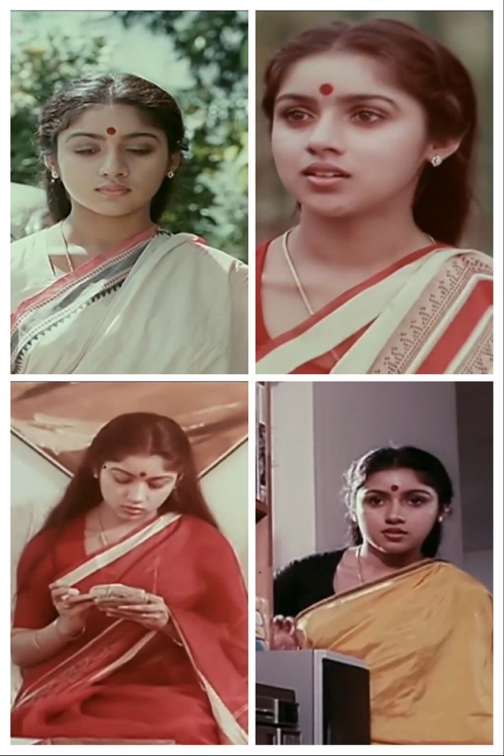 four different pictures of women in sari and blouses, one is looking at her phone