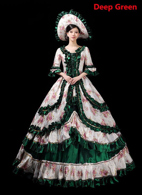 Marie Antoinette Revolutionary Ball Gown Victorian Ear Dress     Condition: Brand New   Color:  Purple / Wine Red/ Rose Red / Pink / Orange / Blue /Green / Deep Green   Material: Satins And Lace   Silhouette: Ball Gown   Sleeve Length: Long Sleeve   Dresses Length:Floor-Length   Neckline: Square Collar   Decoration: Lace   Style: Vintage     Includes: Dress + Hat     More Detail: About 45 inches (114 cm) long from waist to hem regardless of size. This dress is pictured with a 4-hoop skirt u Marie Antoinette Style Victorian Party Dress With Ruffles, Marie Antoinette Dress 18th Century, Luxury 18th Century Victorian Dress With Ruffles, Ball Gown Victorian, Pink Victorian Dress With Ruffles In Marie Antoinette Style, Ball Gowns Victorian, Luxury Marie Antoinette Victorian Evening Dress, Masquerade Party Dresses, Luxury Victorian Marie Antoinette Dress With Ruffles