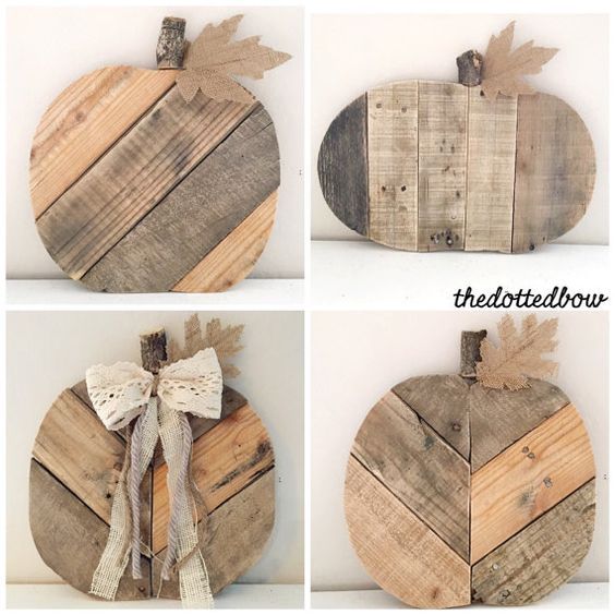 four different pictures of wooden pumpkins with bows on the top and bottom, one is made out of wood