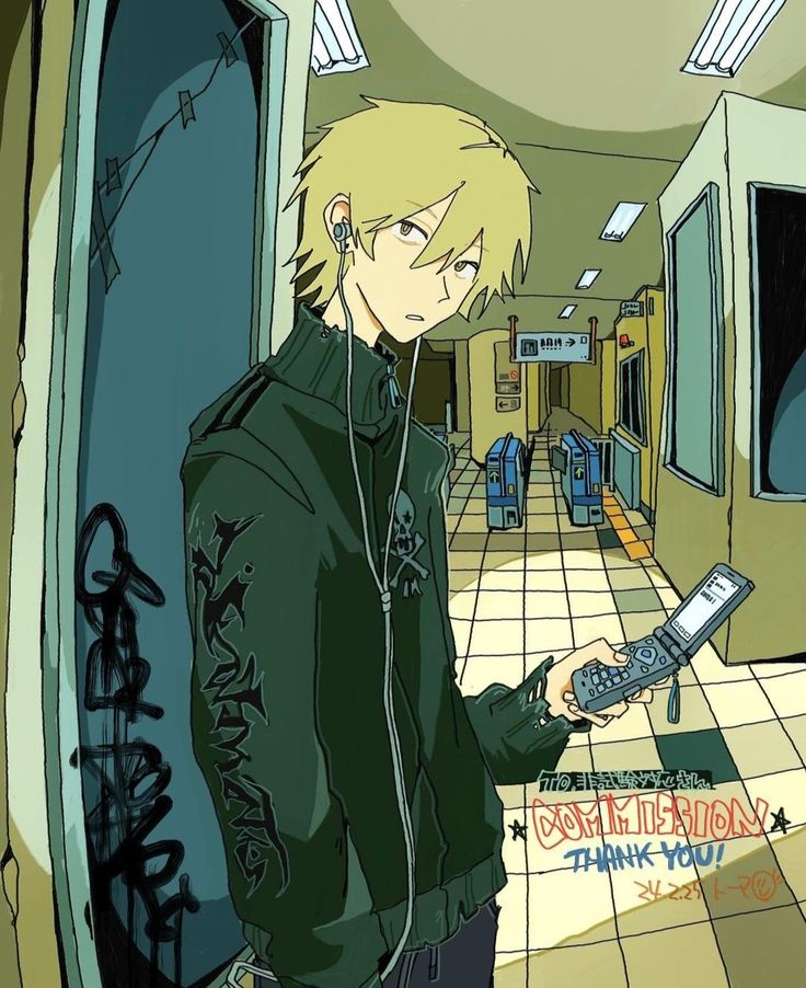 an anime character holding a cell phone and looking at the screen while standing in a hallway