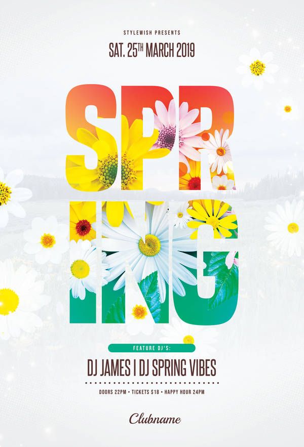 an event poster with flowers and the words spring into life on it's side