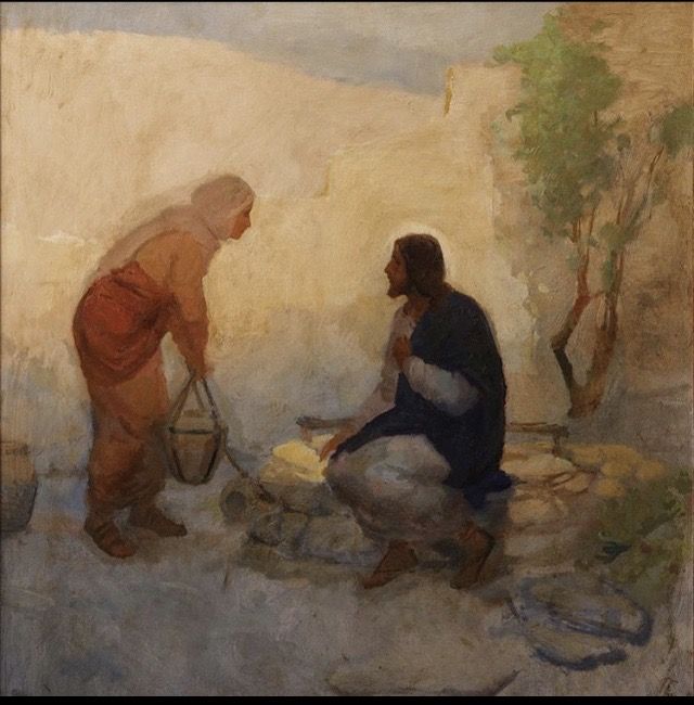 an oil painting of two men working together