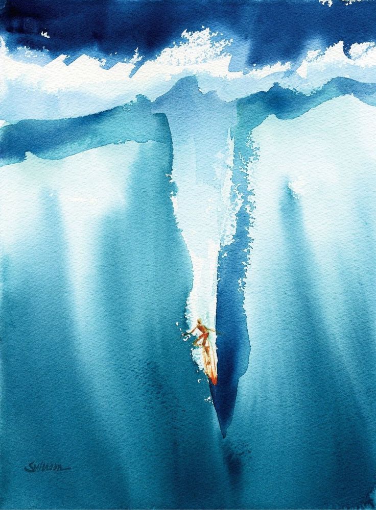 an abstract painting of the ocean with water and icebergs in blue hues