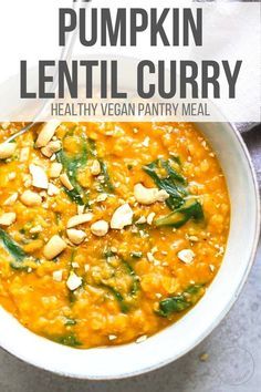 pumpkin lentil curry in a white bowl