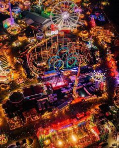 an aerial view of the fairground at night