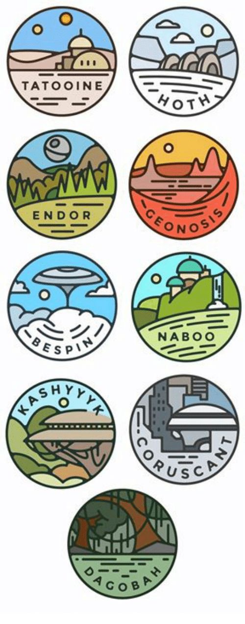 six circular badges with the names of different cities and towns in each one, all on white background