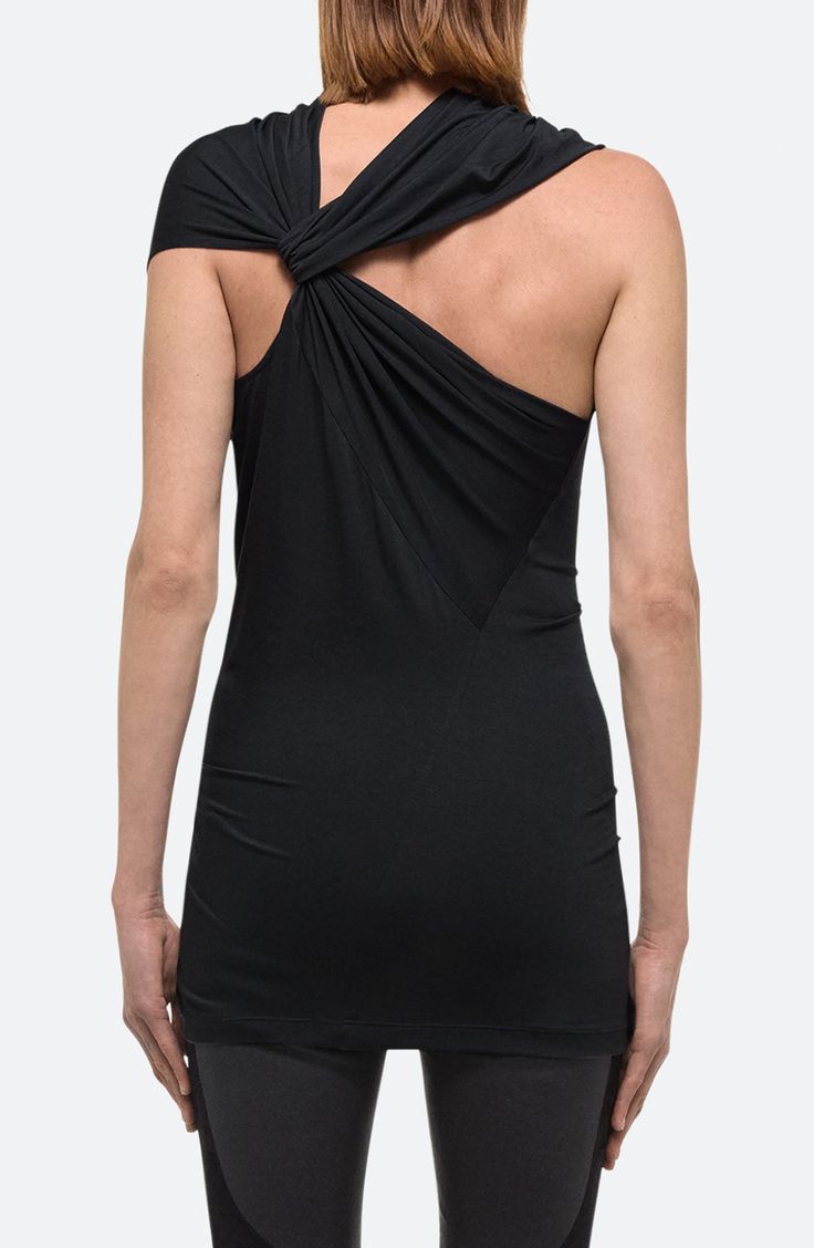 A tastefully twisted back brings skin-showing asymmetry to a modern top designed with a single cap sleeve and mock neck. Mock neck Single cap sleeve 96% lyocell, 4% elastane Machine wash, dry flat Imported Black Fitted Top With Cowl Back, Fitted Cowl Back Top For Night Out, Modern Asymmetrical Tops For Night Out, Modern Asymmetrical Top For Night Out, Modern Tops With Asymmetrical Neckline For Night Out, Modern Asymmetrical Neckline Top For Night Out, Sleek Asymmetrical Tops For Evening, Sleek Asymmetrical Top For Evening, Elegant Stretch Top With Cowl Back