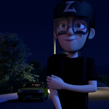 a cartoon character is standing in the street at night with his arms crossed and eyes closed