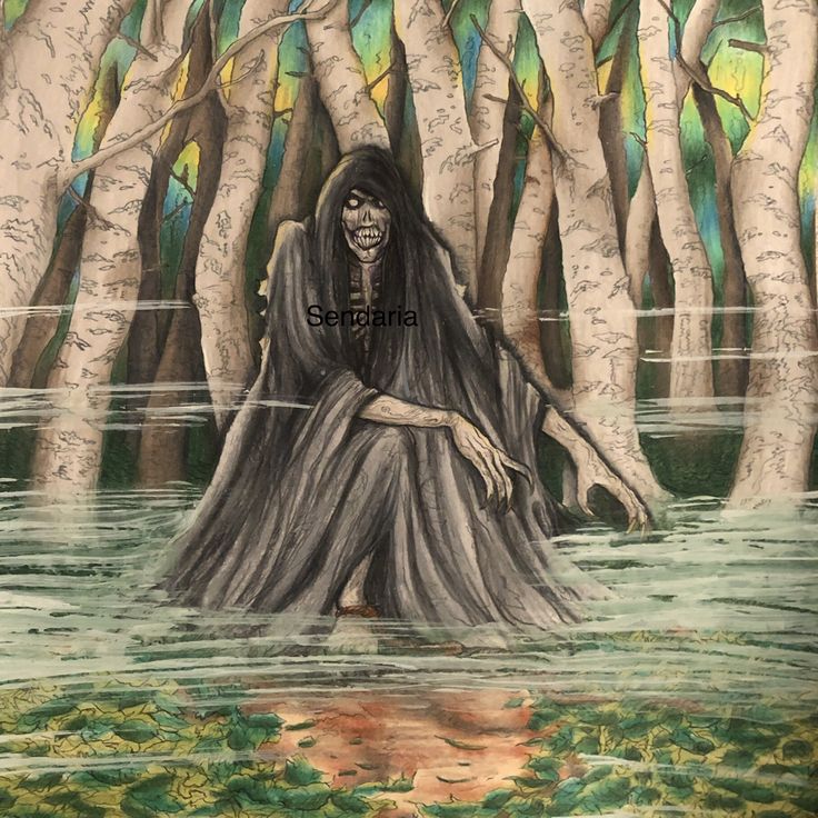 a painting of a woman sitting in the water surrounded by trees