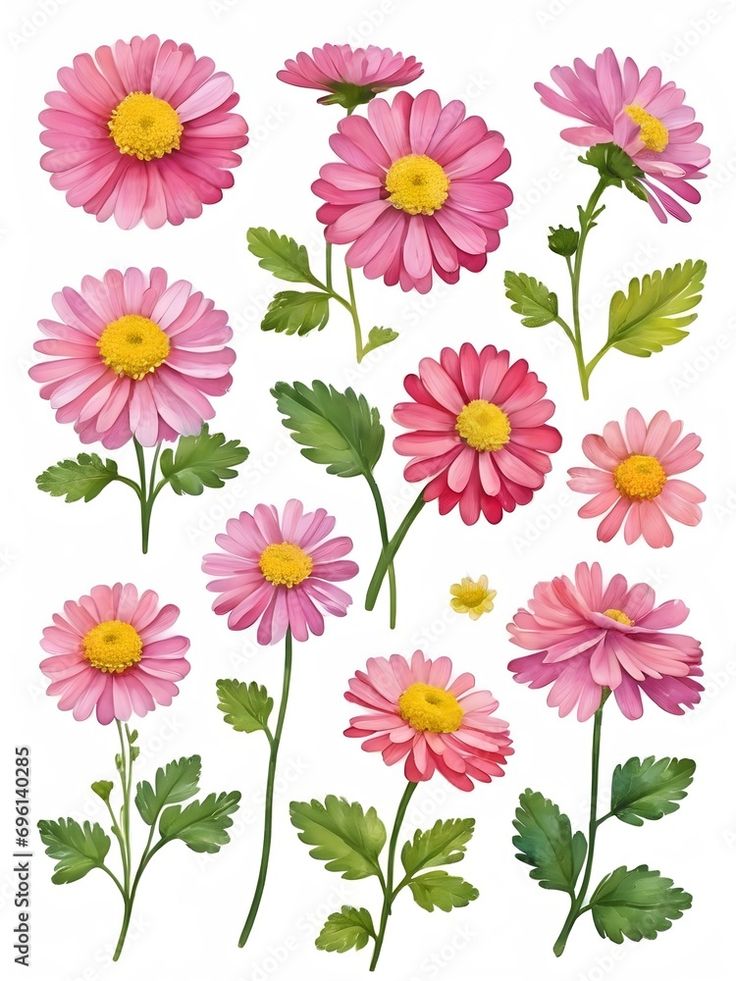 pink daisies with green leaves on white background