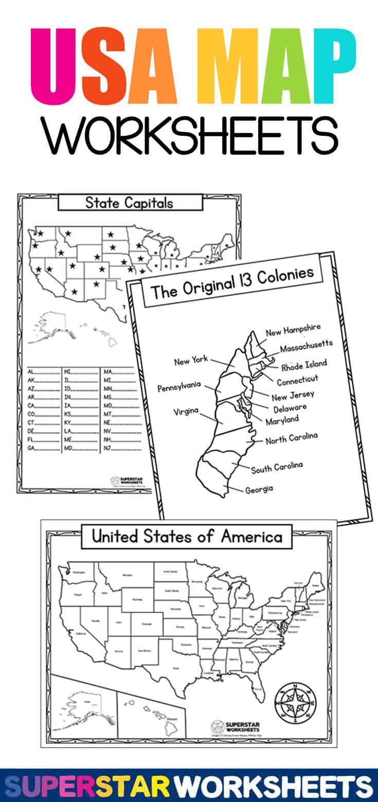 the usa map worksheet is shown in three different colors, including black and white