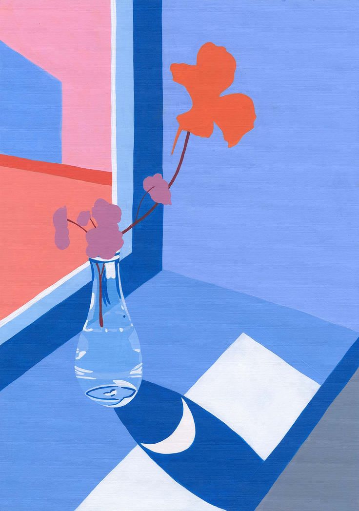 a painting of flowers in a vase on a blue and pink floor with an open window