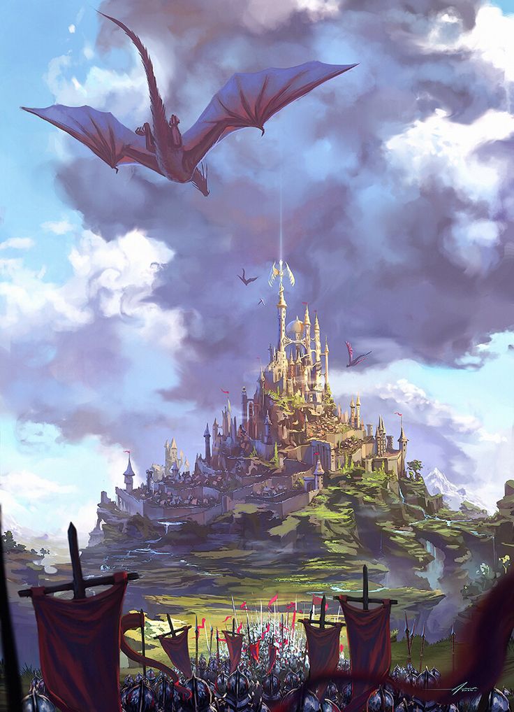 a dragon flying over a castle in the sky above a crowd of people with flags