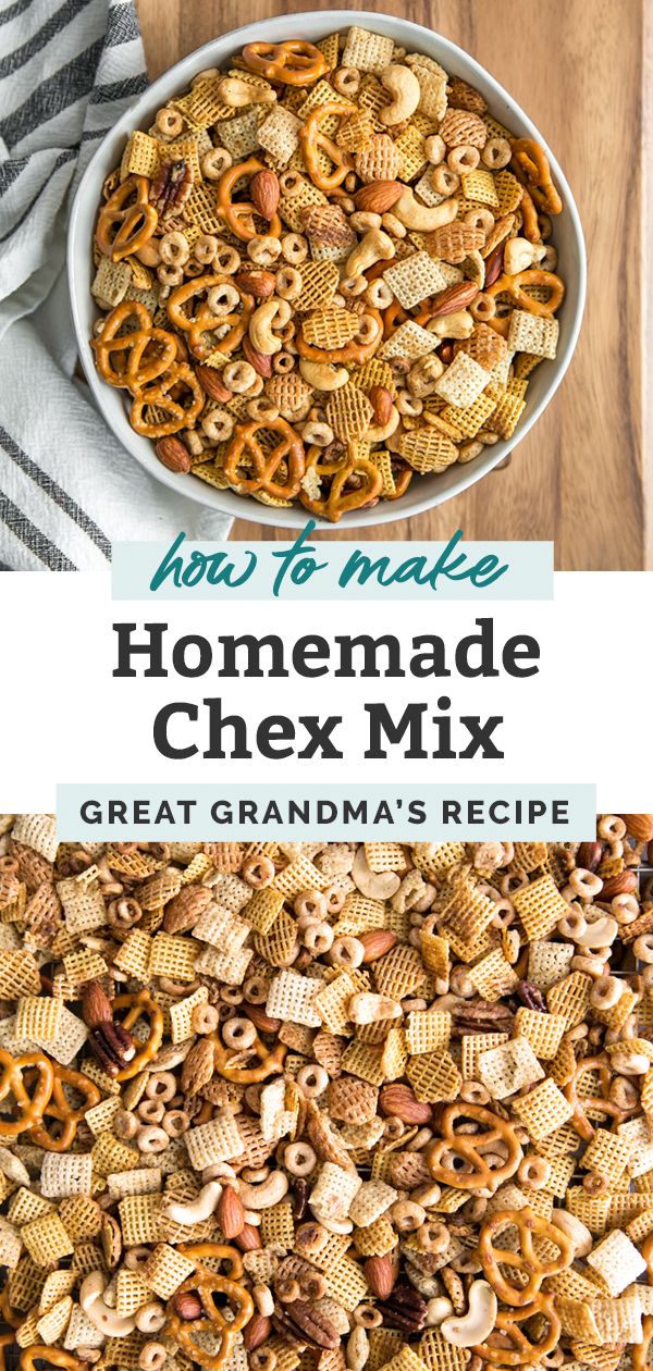 homemade chex mix in a bowl with the title above it and an overhead photo