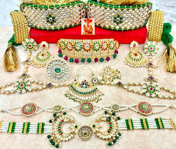 Heavy Rajwadi Kundan Combo Available  Ready to Dispatch With  Aad , Earrings,  jodha Nath ,  Jadau Rakhdi , 2 Mehri with Jodha Mehri , Kundan Ring , Pochi , Bangdi , Kundan Baju , Furr Loom , Kundan Hathfull  , Mangtikka , Besar . High Quality Rajwadi Combo Kundan Sets With Motifs For Puja, Navratri Meenakari Ceremonial Sets, Ceremonial Meenakari Sets For Navratri, Green Bridal Sets For Diwali Ceremonial, Ceremonial Kundan Sets For Navratri, Kundan Sets For Ceremonial Navratri, Kundan Sets For Navratri Ceremonies, Kundan Sets For Ceremonial Occasions During Navratri, Kundan Sets For Traditional Ceremonies At Diwali