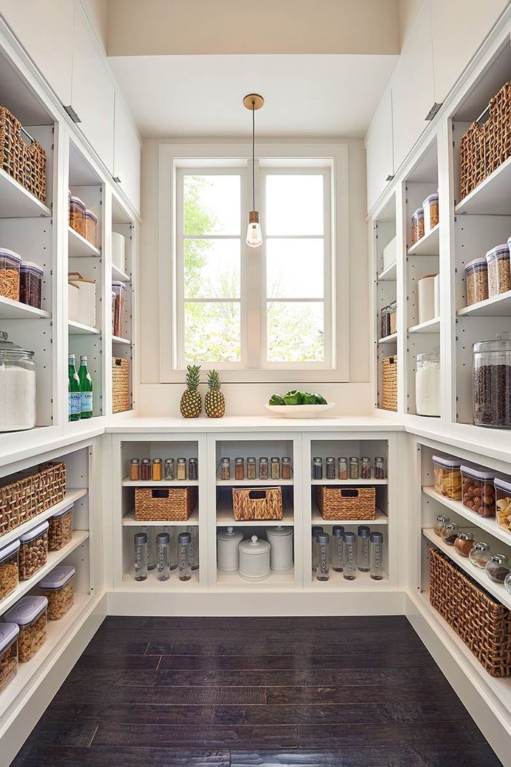 an organized pantry with lots of shelves and baskets