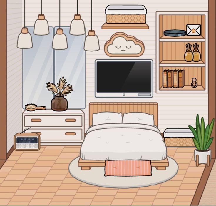 a bedroom with a bed, dresser and television in it's centerpieces