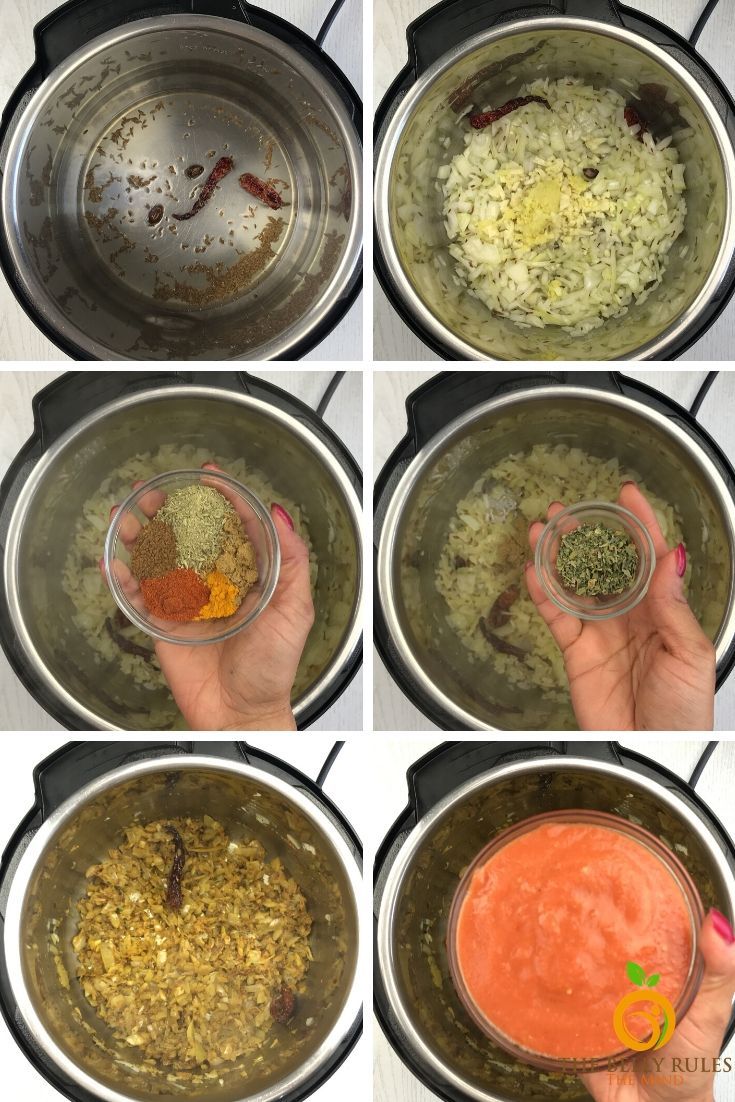 four pictures show how to make soup in an instant pot with the ingredients mixed together