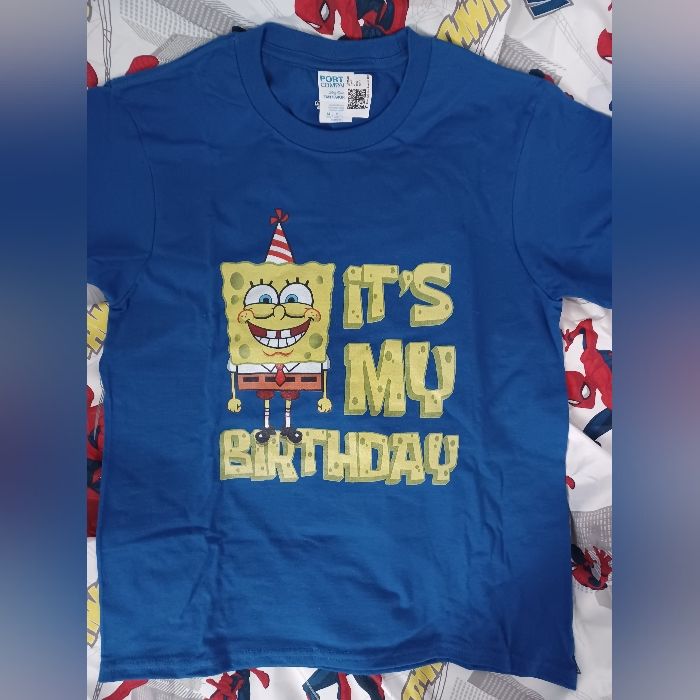 New, T-Shirt Happy Birthday Spongebob Theme Youth Size Medium Fun Blue Tops For Birthday, Playful Blue T-shirt With Letter Print, Casual Blue Birthday Tops, Novelty Blue Pre-shrunk T-shirt, Novelty Pre-shrunk Blue T-shirt, Funny Blue T-shirt With Cartoon Print, Casual Blue Tops For Birthday, Blue Character Print Top For Birthday, Blue Tops With Character Print For Birthday