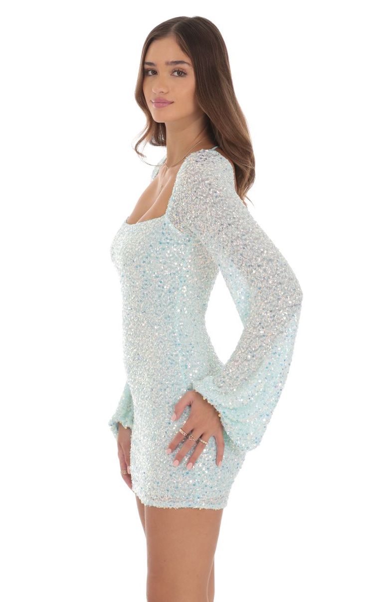 Sequin Long Sleeve Dress in Aqua Blue | LUCY IN THE SKY Fitted Mini Dress With Square Neck For Homecoming, Light Blue Tie Back Mini Dress For Party, Light Blue Mini Dress With Tie Back For Party, Fitted Long Sleeve Mini Dress For Homecoming, Light Blue Fitted Backless Dress, Blue Fitted Mini Dress With Tie Back, Fitted Light Blue Backless Dress, Fitted Blue Mini Dress With Tie Back, Glamorous Fitted Light Blue Mini Dress