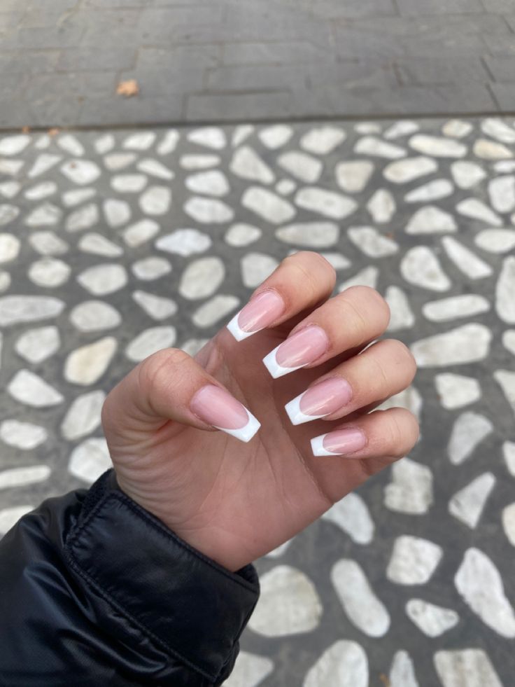 Slight Coffin French Tip Nails, French Tip On Ballerina Nails, French Tip Nails On Coffin Shape, French Tips Different Shapes, Square Ballerina Nails, Medium Length Coffin French Tips, Ballerina White French Nails, White French Tip Acrylic Nails Coffin Medium, White Ballerina Nails Long