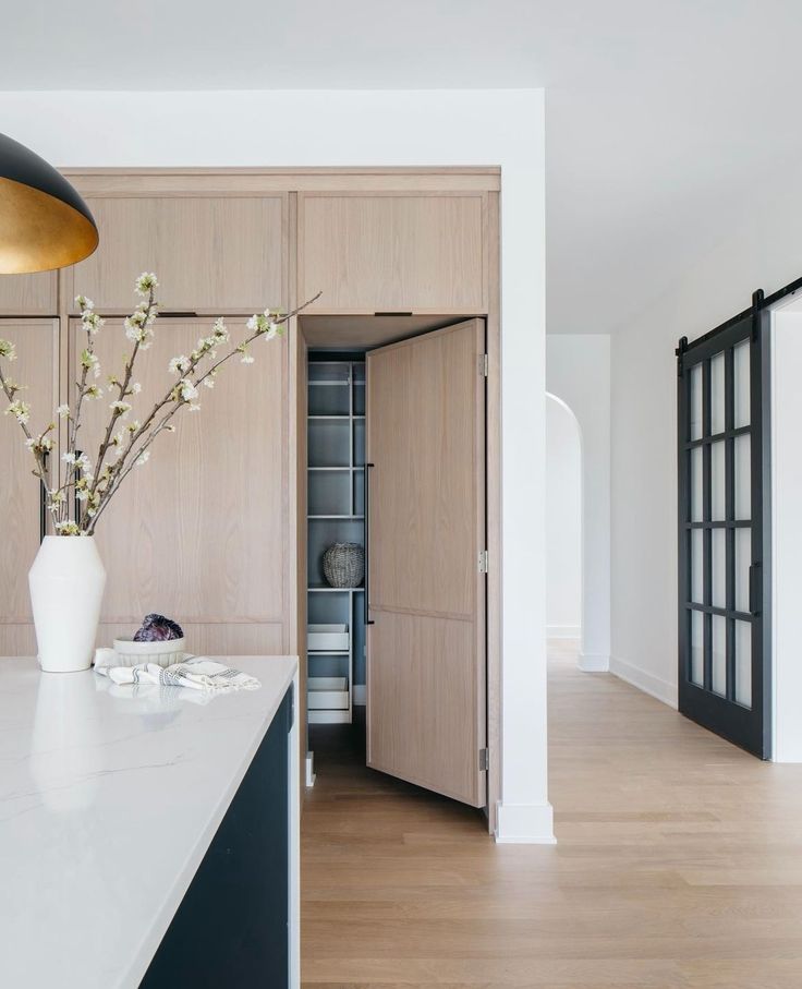 a vase with flowers in it sitting on top of a kitchen counter next to an open door