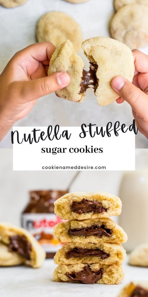 nutella stuffed sugar cookies are stacked on top of each other and being held by two hands