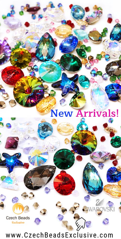 many different colored jewels are on the table and next to each other with words new arrivals