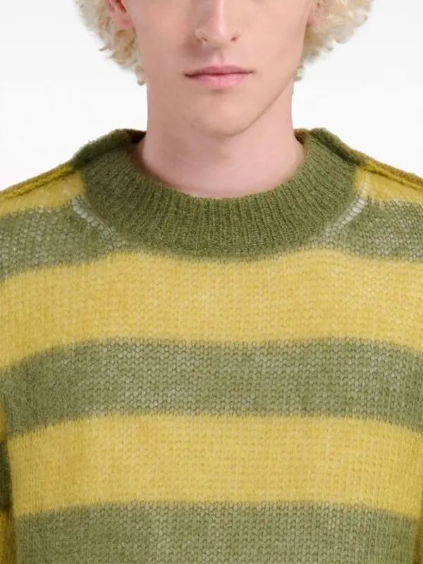 Marni Stripe-print Knit Jumper - Neutrals | Editorialist Green Mohair Crew Neck Sweater, Striped Wool Sweater With Crew Neck, Striped Wool Crew Neck Sweater, Casual Mohair Crew Neck Top, Caramel Brown, Mohair Wool, Knit Jumper, Stripe Print, Olive Green