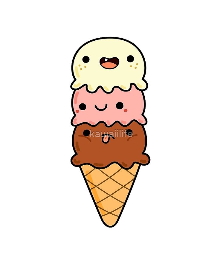 an ice cream cone with three different flavores on top, and one has a smiling face