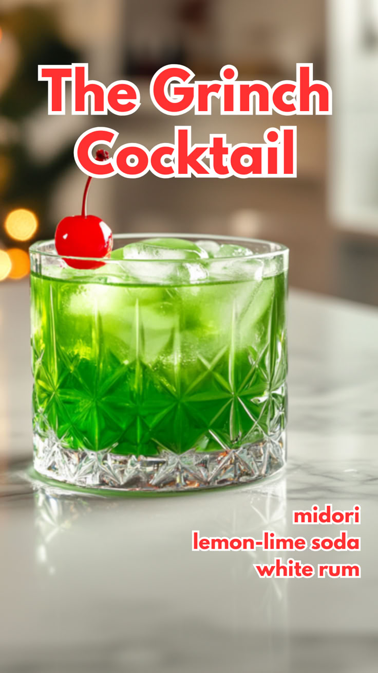 The Grinch Cocktail Grinch Cocktail Midori, Grinch Themed Alcoholic Drinks, Grinch Cocktails Drink Recipes, Grinch Drink For Adults, Christmas Liquor Drinks, Grinch Christmas Drink, The Grinch Drink, Christmas Mixed Drinks, Grinch Cocktail Recipe