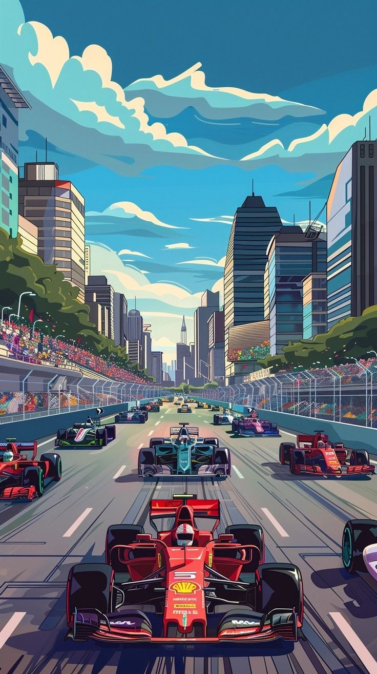 a group of racing cars driving down a race track in front of large city buildings