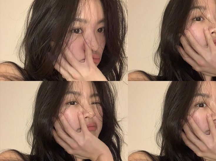 four pictures of a woman with her hands on her face