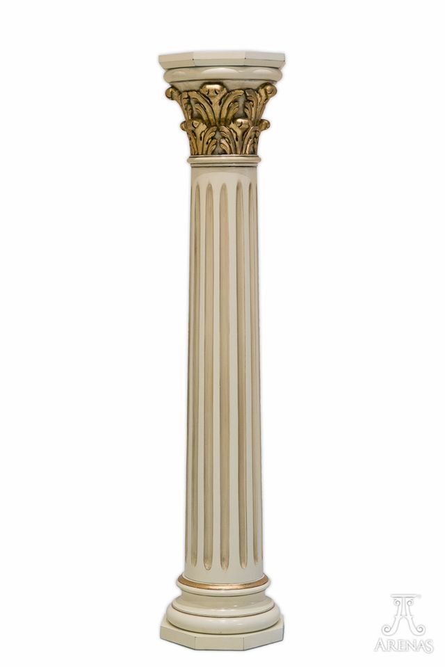 a tall white column with gold decoration on the top and bottom, against a white background