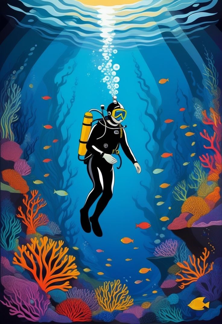 a man in a scuba suit is swimming under the water with corals and fish