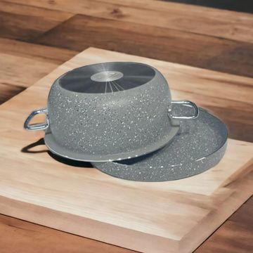 a gray hat sitting on top of a wooden table